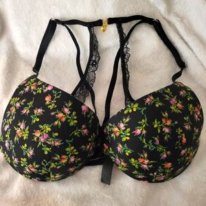 Victoria's Secret Black Floral 32D Very Sexy Uplift Plunge Light Lined Bra
